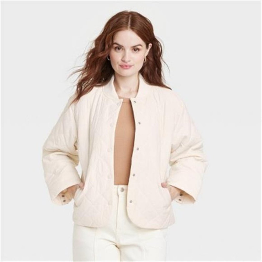 Women's Bomber Beige Jacket - Fall & Winter Outwear Medium Size